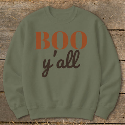 Olive green sweatshirt with "BOO y'all" text in orange and brown.