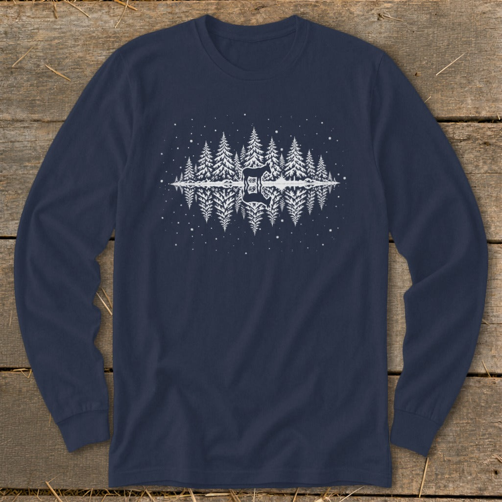 Dark blue long-sleeve shirt with white forest and guitar silhouette graphic.