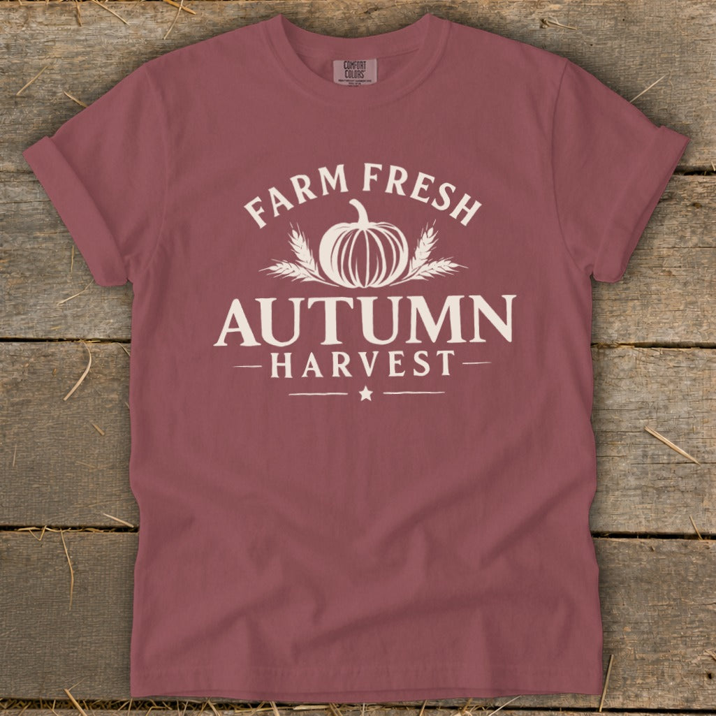 Maroon t-shirt with white "Farm Fresh Autumn Harvest" graphic and pumpkin.