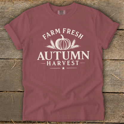 Maroon t-shirt with white "Farm Fresh Autumn Harvest" graphic and pumpkin.
