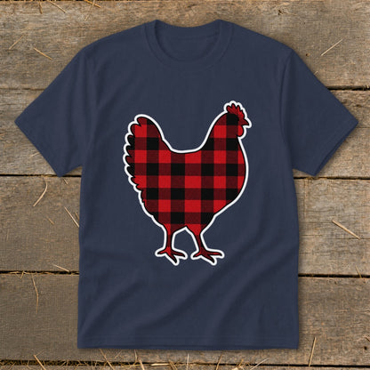 Navy t-shirt with a red and black buffalo plaid chicken graphic.