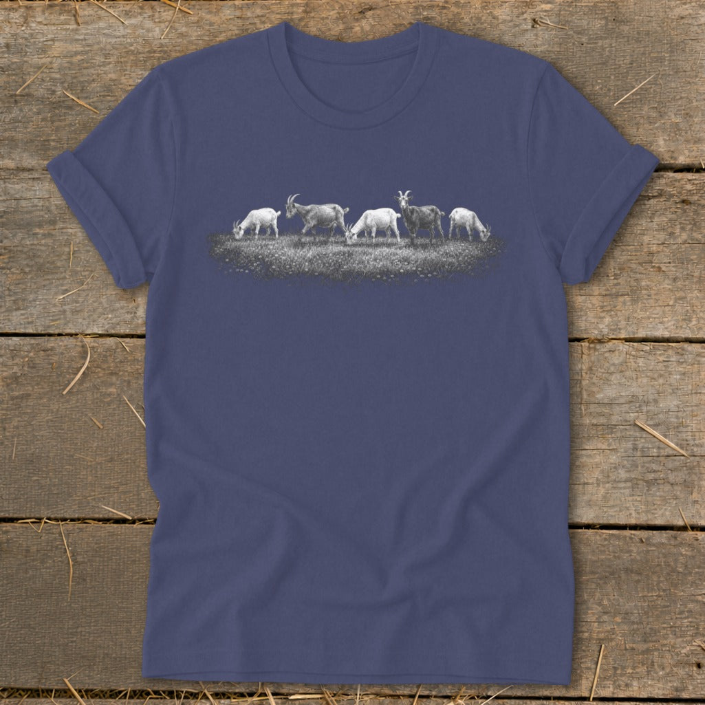 Dark blue t-shirt with a detailed sketch of five goats grazing in a field.