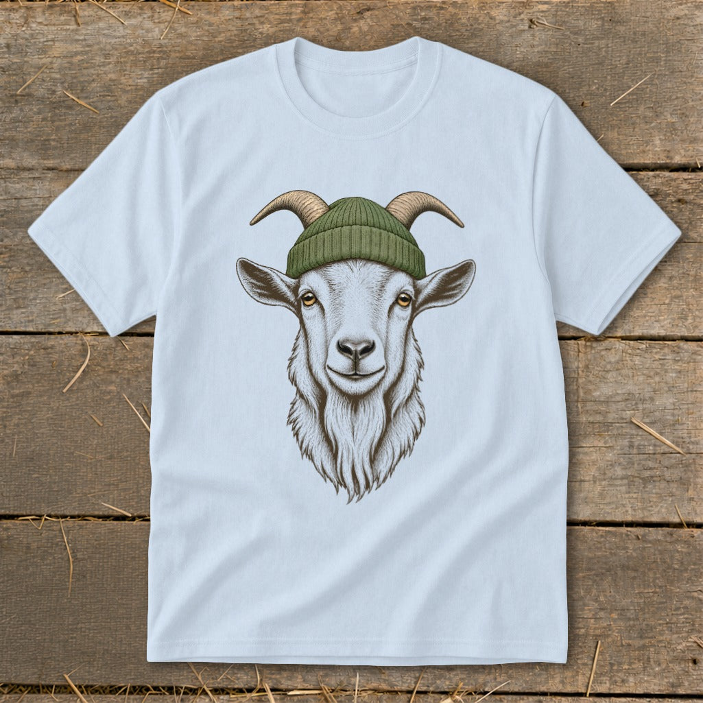 Illustration of a goat wearing a green beanie on a light blue t-shirt.