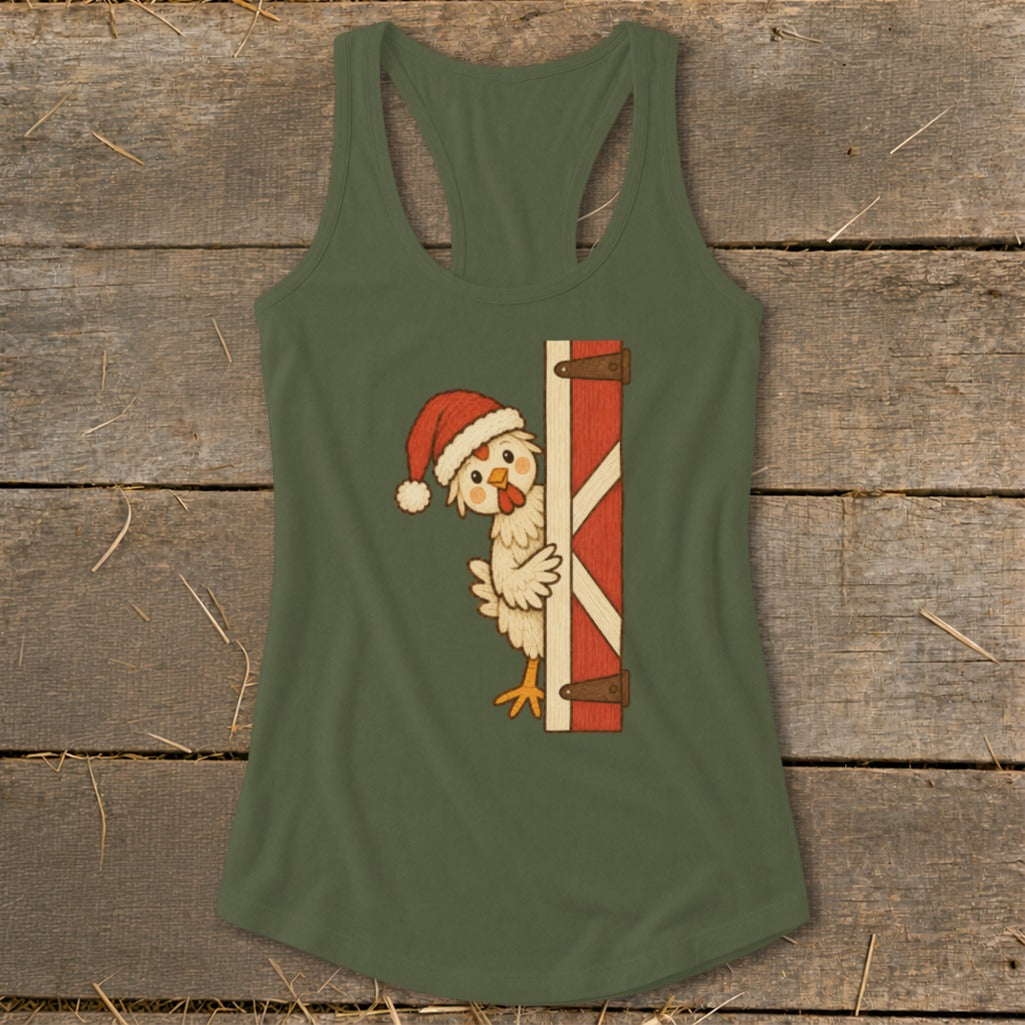 Green tank top with cartoon chicken wearing Santa hat peeking from barn door.