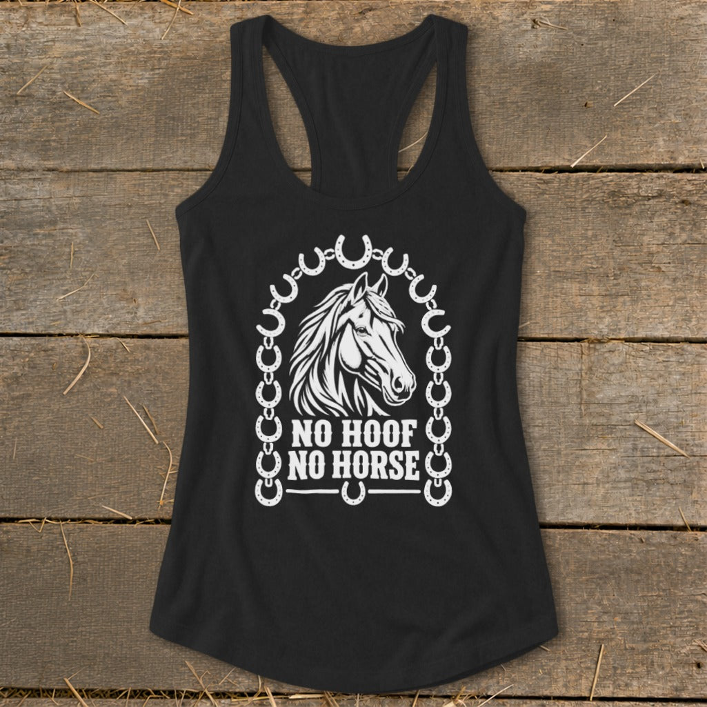 Black tank top with white horse head graphic and "No Hoof No Horse" text.