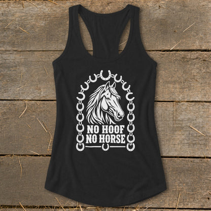Black tank top with white horse head graphic and "No Hoof No Horse" text.