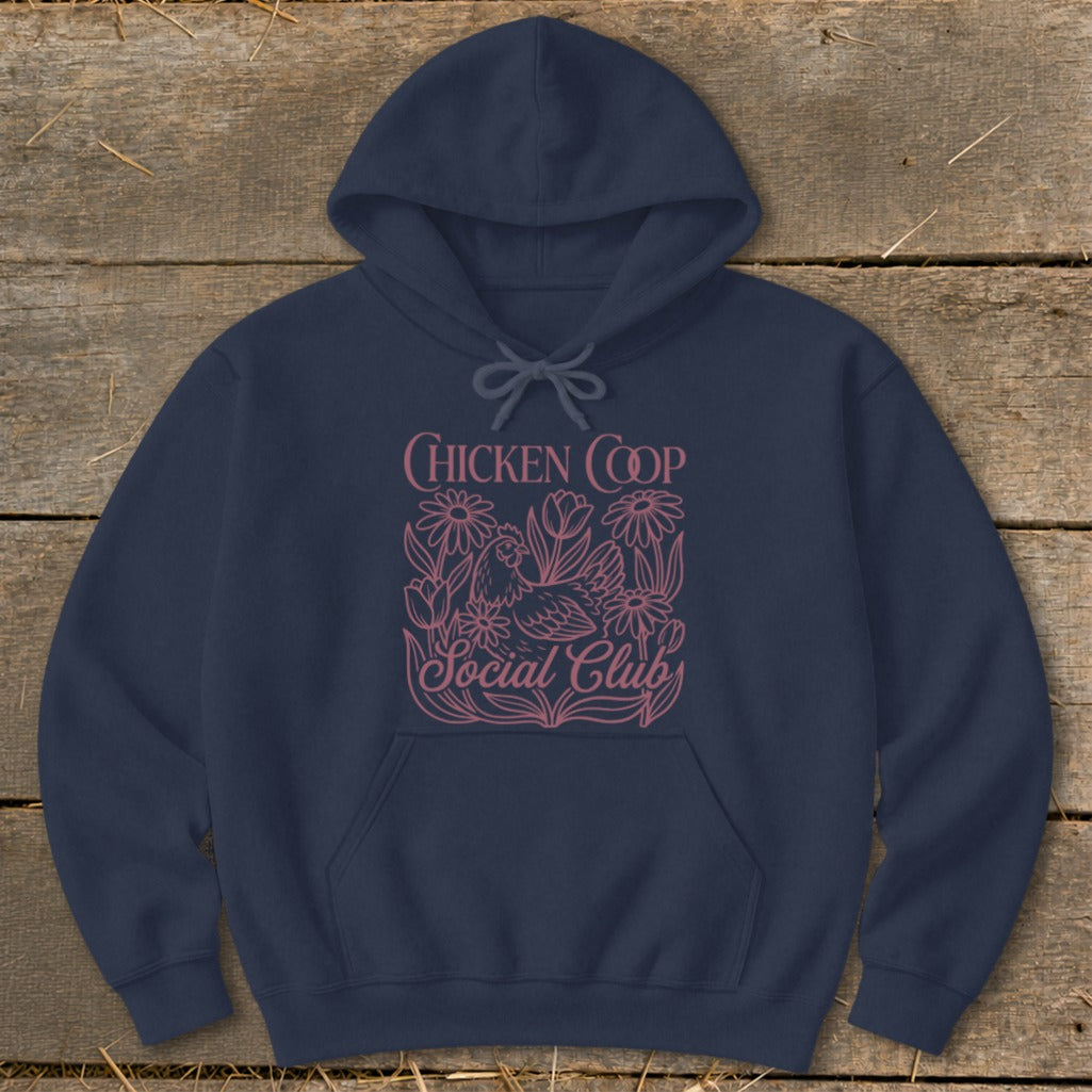 Navy hoodie with "Chicken Coop Social Club" text and floral chicken graphic.
