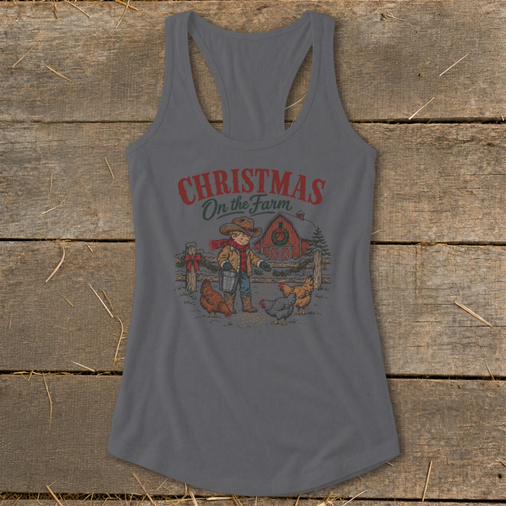 Christmas On the Farm graphic with boy feeding chickens by a red barn.