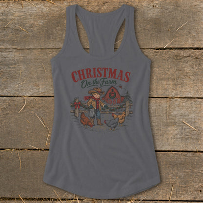 Christmas On the Farm graphic with boy feeding chickens by a red barn.