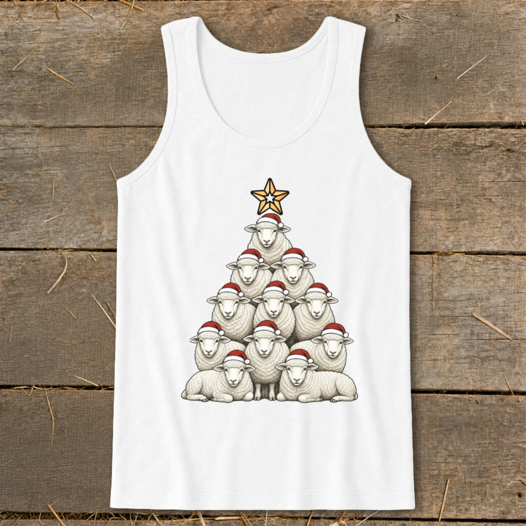 White tank top with a Christmas tree made of sheep wearing Santa hats.