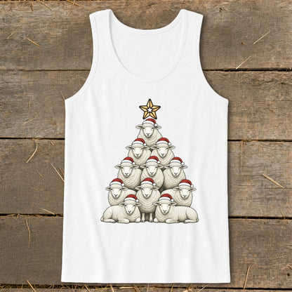 White tank top with a Christmas tree made of sheep wearing Santa hats.