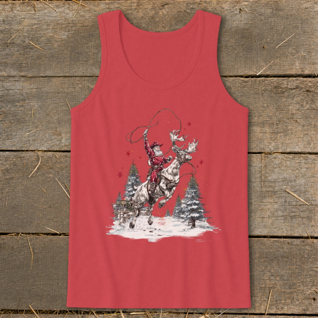 Santa riding a reindeer with a lasso in a snowy forest scene.