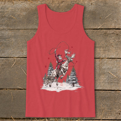 Santa riding a reindeer with a lasso in a snowy forest scene.