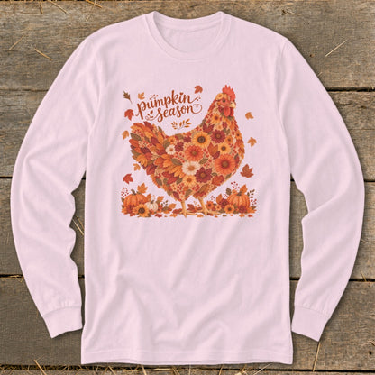 Pink long sleeve shirt with a chicken graphic made of flowers and pumpkins, reading "Pumpkin Season".