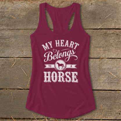 Maroon tank top with "My Heart Belongs To A Horse" text and horse graphic.