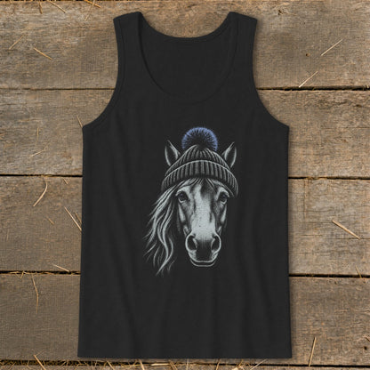 Black tank top with a sketch of a white horse wearing a blue beanie.