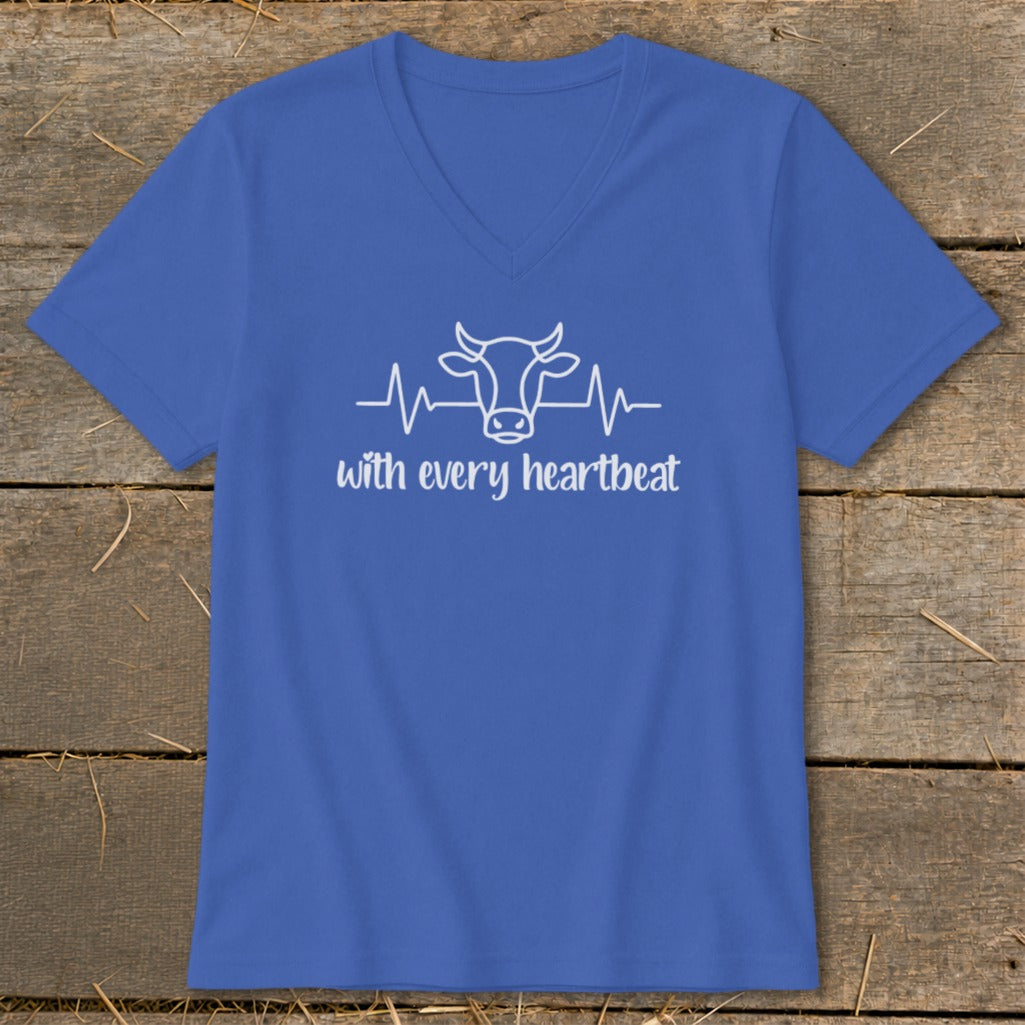 Royal blue v-neck t-shirt with a white outline of a cow's head on a heartbeat EKG line.