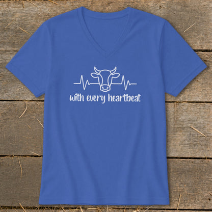 Royal blue v-neck t-shirt with a white outline of a cow's head on a heartbeat EKG line.
