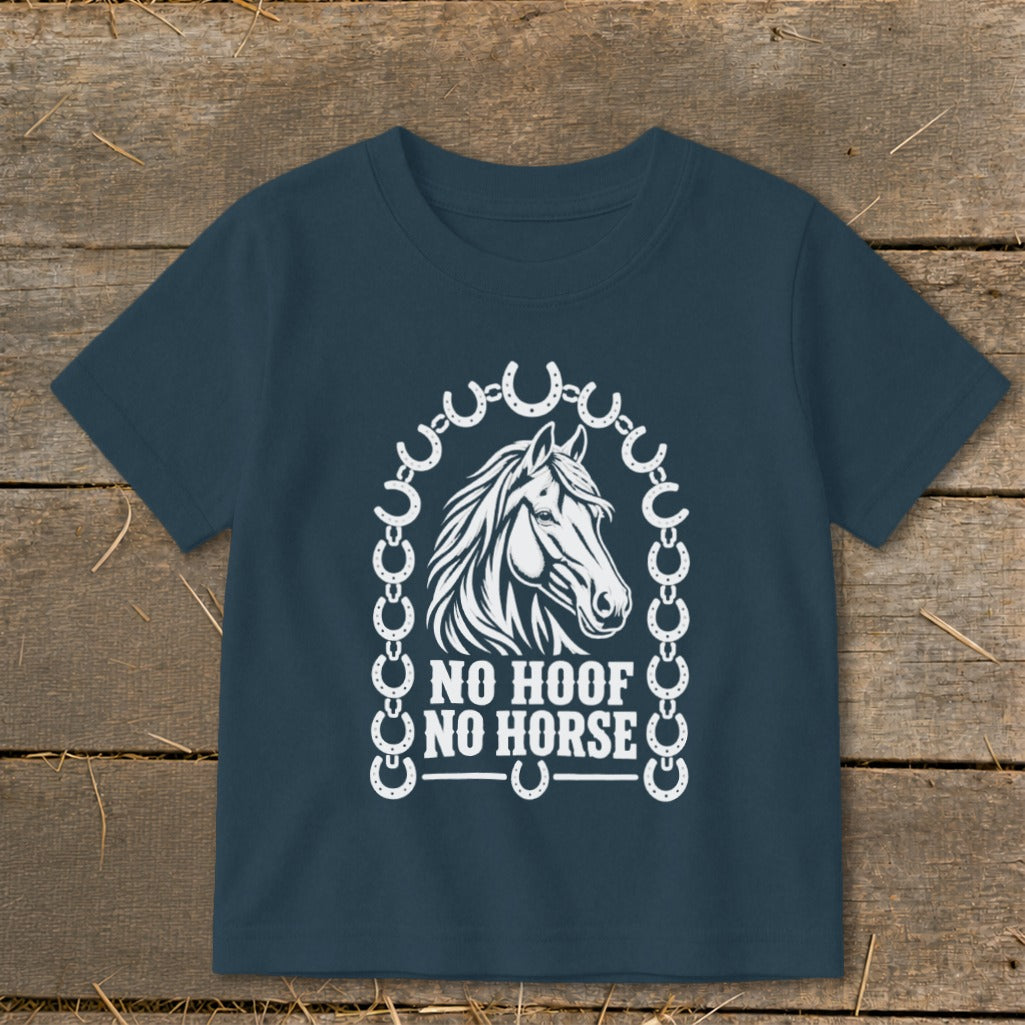 Dark blue t-shirt with white horse head and "NO HOOF NO HORSE" text design.