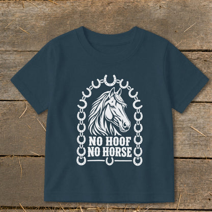 Dark blue t-shirt with white horse head and "NO HOOF NO HORSE" text design.