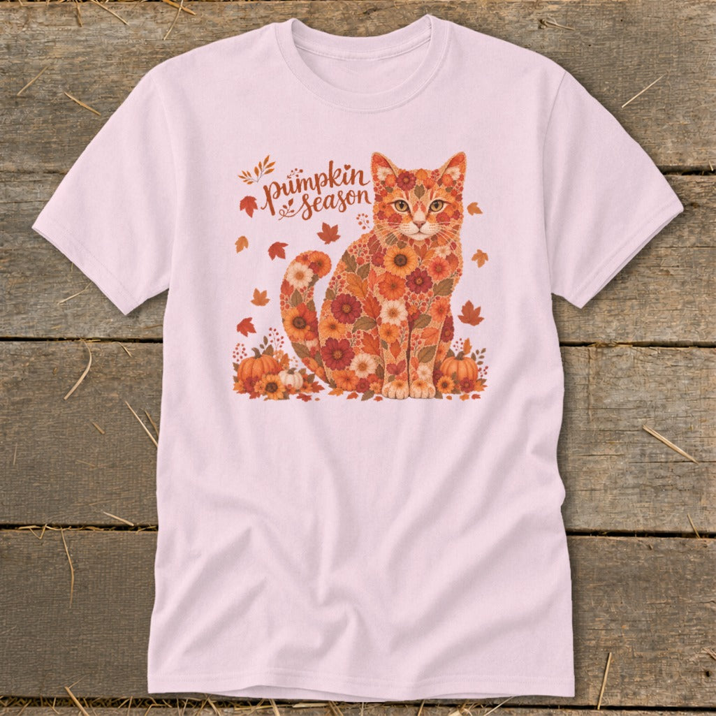 Pink t-shirt with a floral cat design and "Pumpkin Season" text.