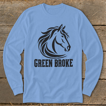 Light blue long-sleeve t-shirt with a black graphic of a horse's head and the text GREEN BROKE.