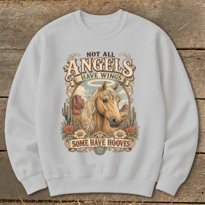 Light gray sweatshirt with a graphic of a horse and text "Not all angels have wings, some have hooves."