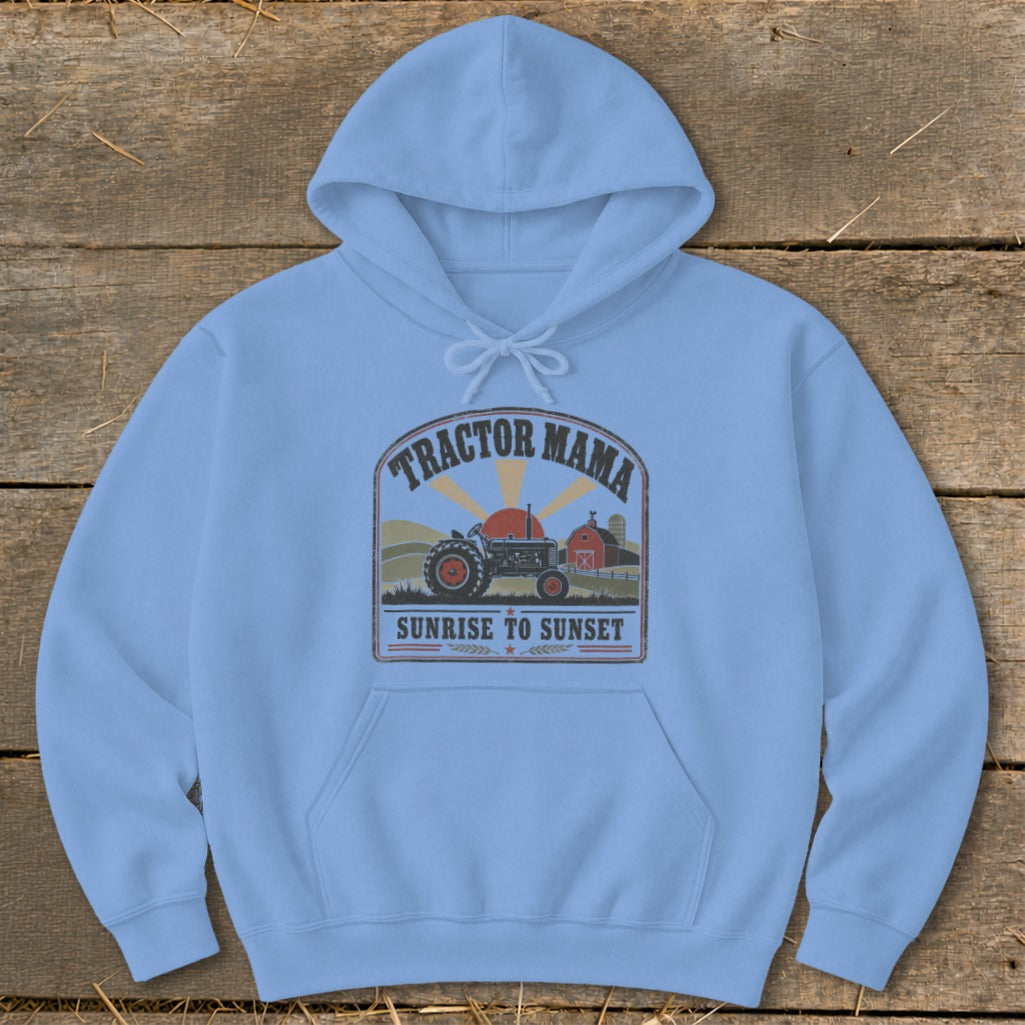 Light blue hoodie with "Tractor Mama Sunrise to Sunset" graphic.