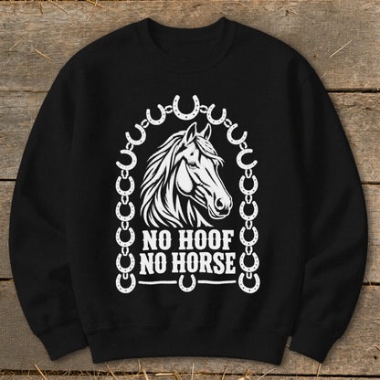 Black sweatshirt with white horse head graphic and "No Hoof No Horse" text.