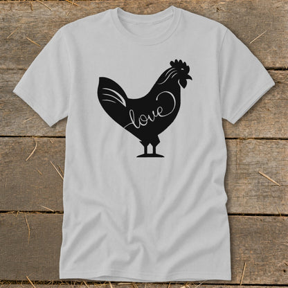Gray t-shirt with black rooster silhouette containing the word "love".