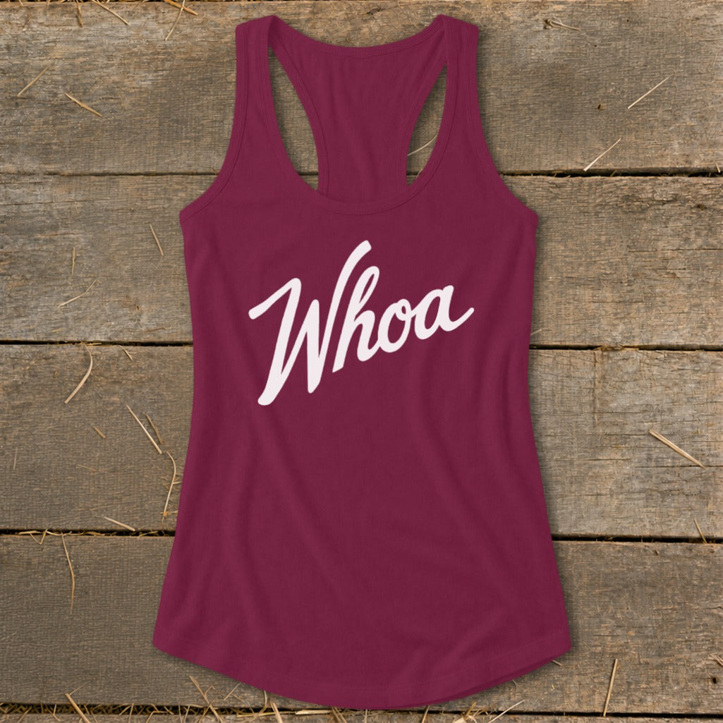 Maroon racerback tank top with white "Whoa" text.