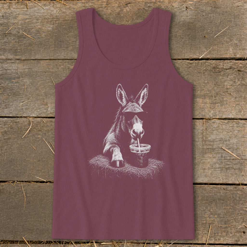Maroon tank top with a white graphic of a donkey wearing sunglasses and drinking from a cup.