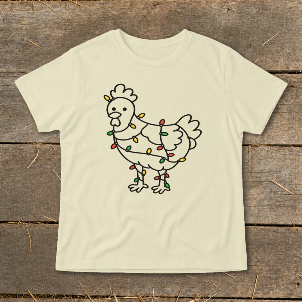 Cream t-shirt with a black outline drawing of a chicken wrapped in colorful Christmas lights.