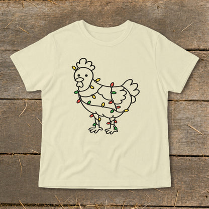 Cream t-shirt with a black outline drawing of a chicken wrapped in colorful Christmas lights.
