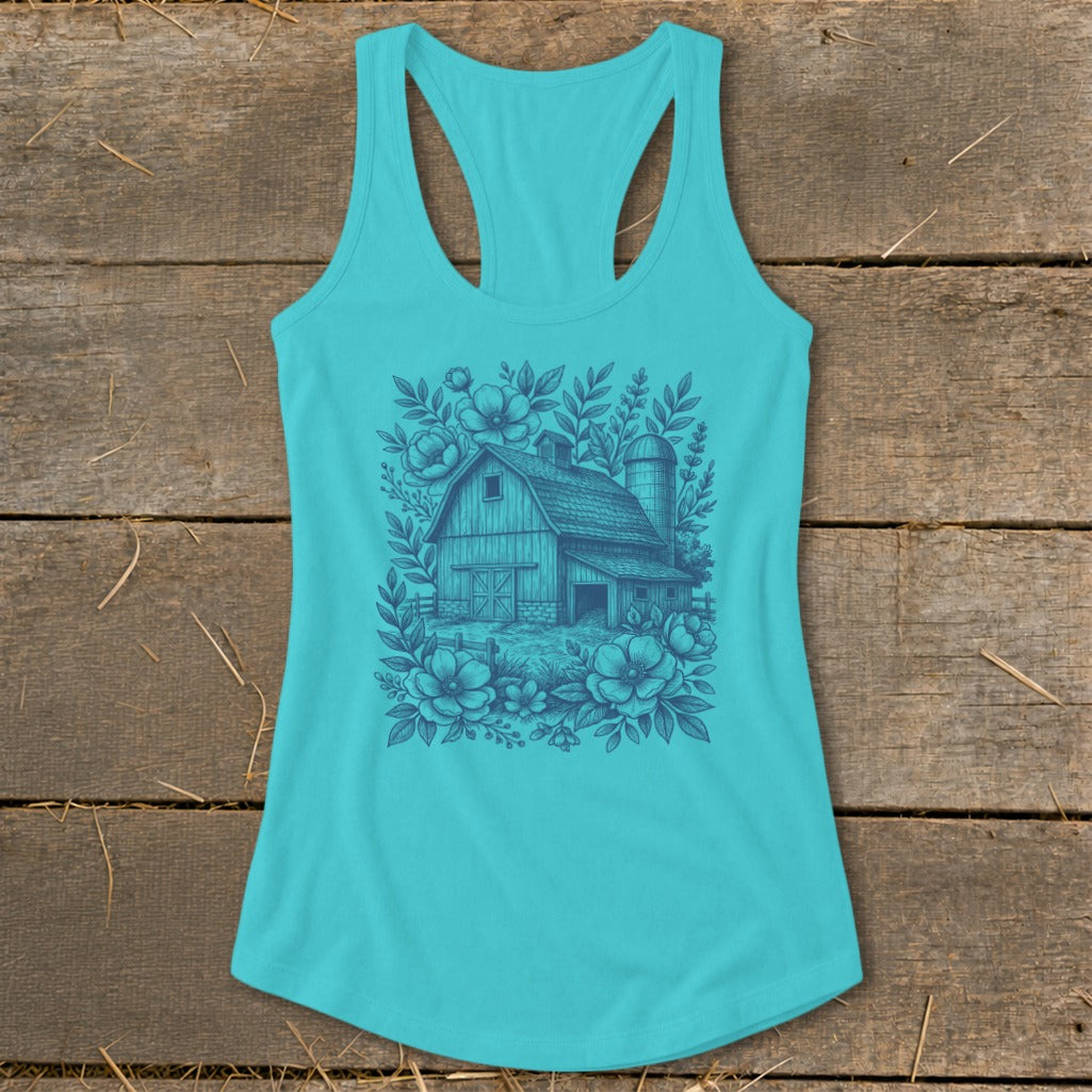 Turquoise tank top with barn and floral sketch design on front.