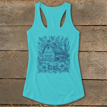 Turquoise tank top with barn and floral sketch design on front.