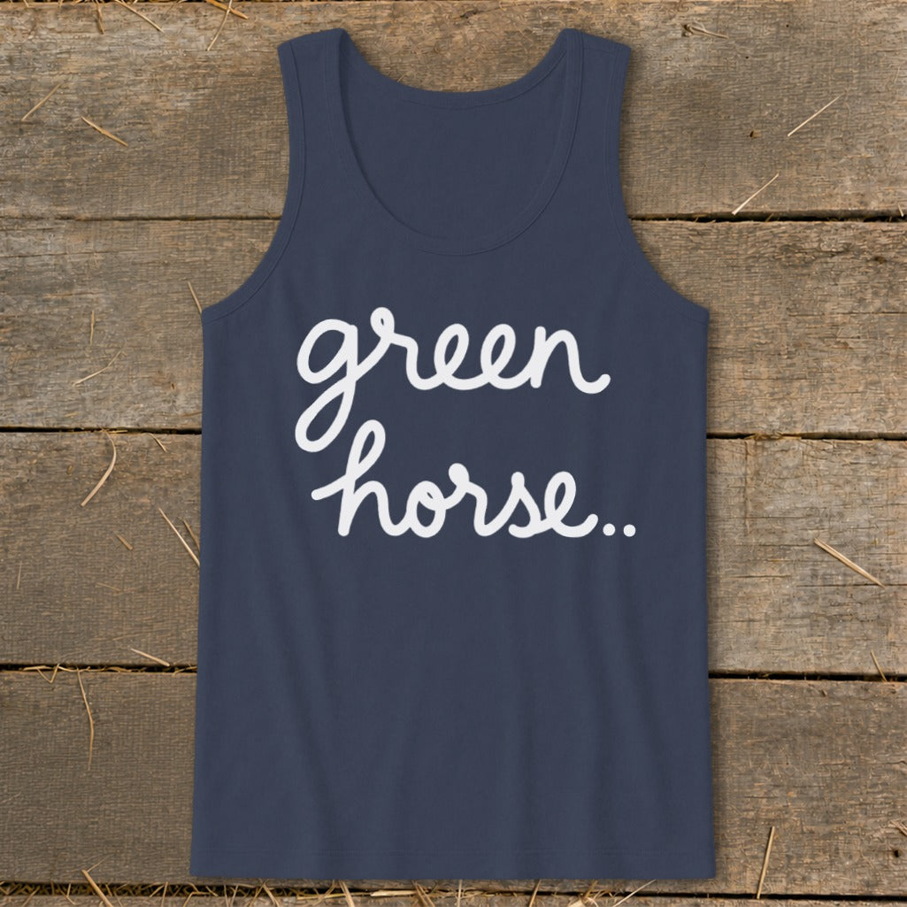 Navy blue tank top with white cursive text that reads "green horse..".