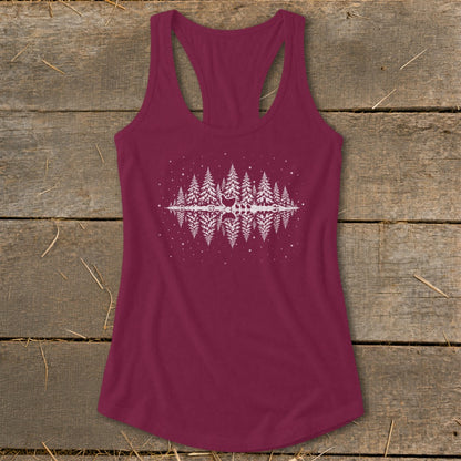 Maroon tank top with white mirrored forest and deer graphic.
