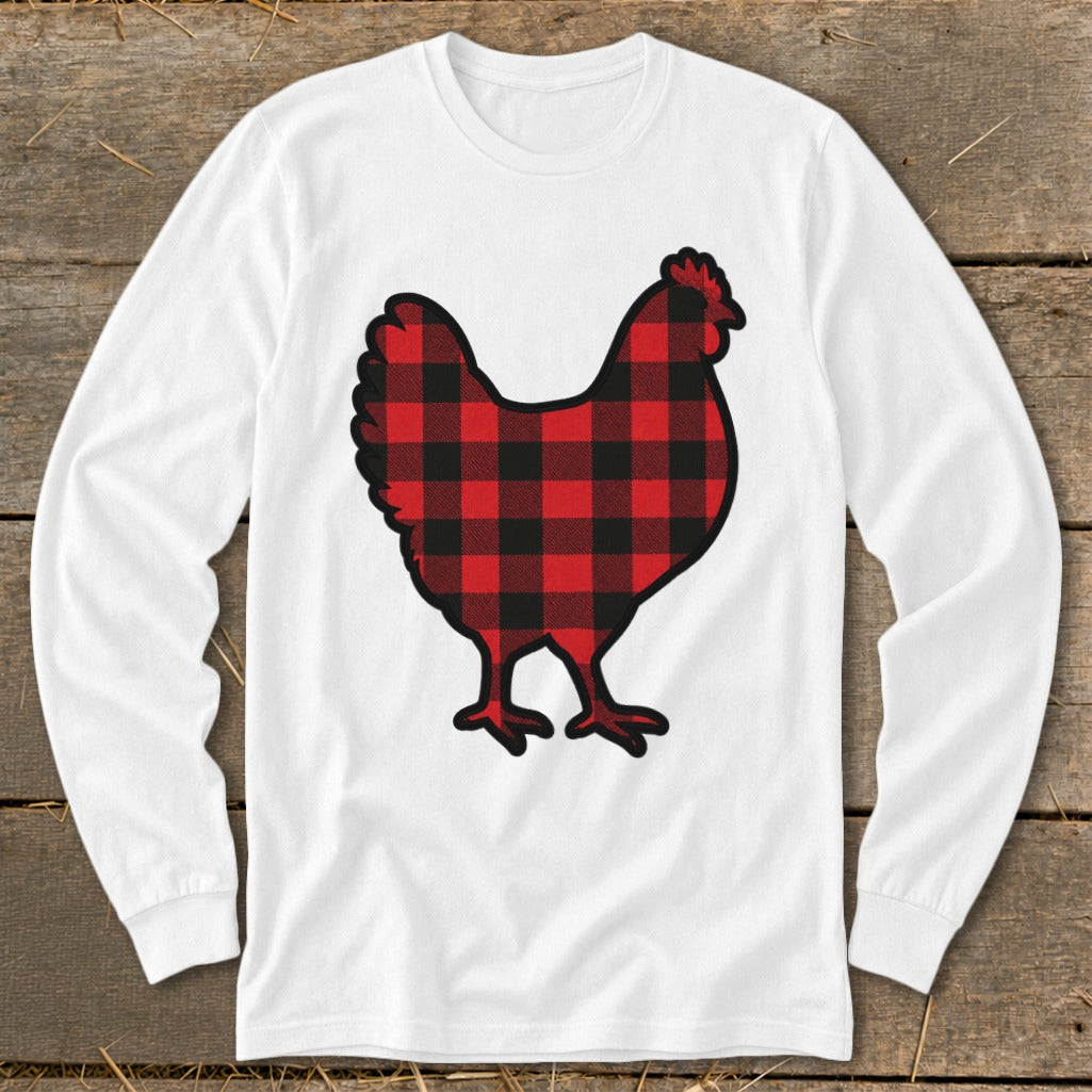 White long-sleeve shirt with a red and black buffalo plaid chicken graphic.
