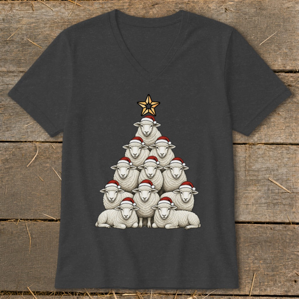 Dark grey t-shirt with a Christmas tree made of sheep wearing Santa hats.
