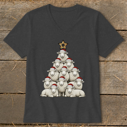 Dark grey t-shirt with a Christmas tree made of sheep wearing Santa hats.