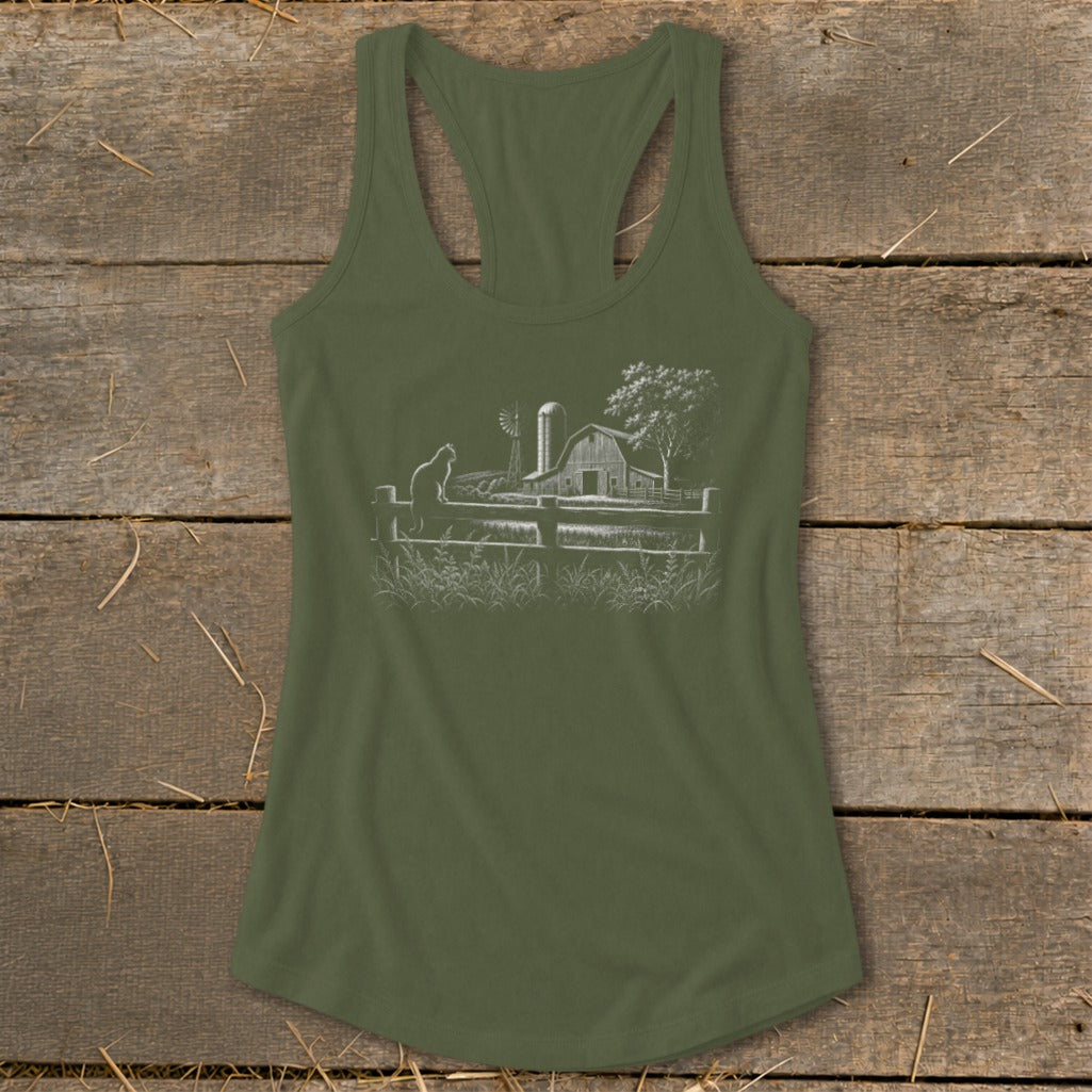 Olive green tank top with a white line drawing of a farm scene and a cat.