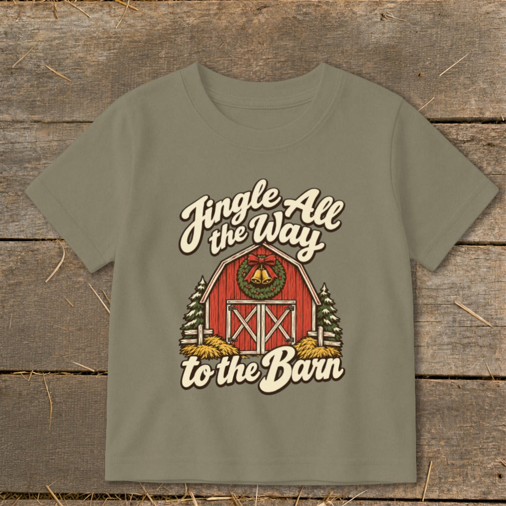 Kid's shirt with "Jingle All the Way to the Barn" text and a red barn.