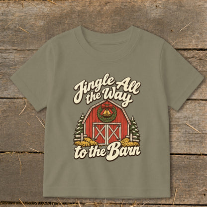 Kid's shirt with "Jingle All the Way to the Barn" text and a red barn.