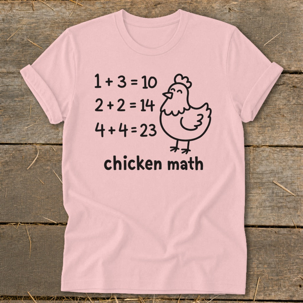 Pink t-shirt with math equations and a chicken, text "chicken math".