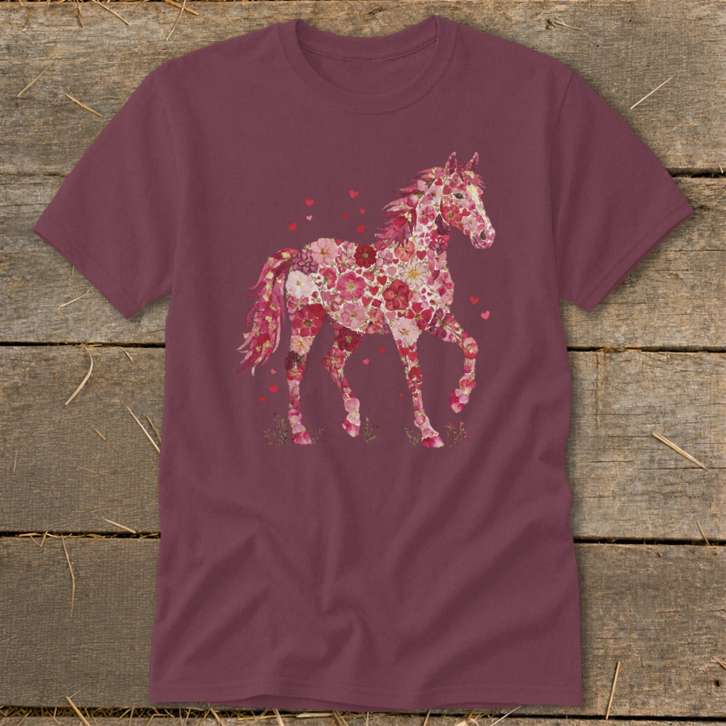 Maroon t-shirt with a horse silhouette filled with pink flowers and hearts.