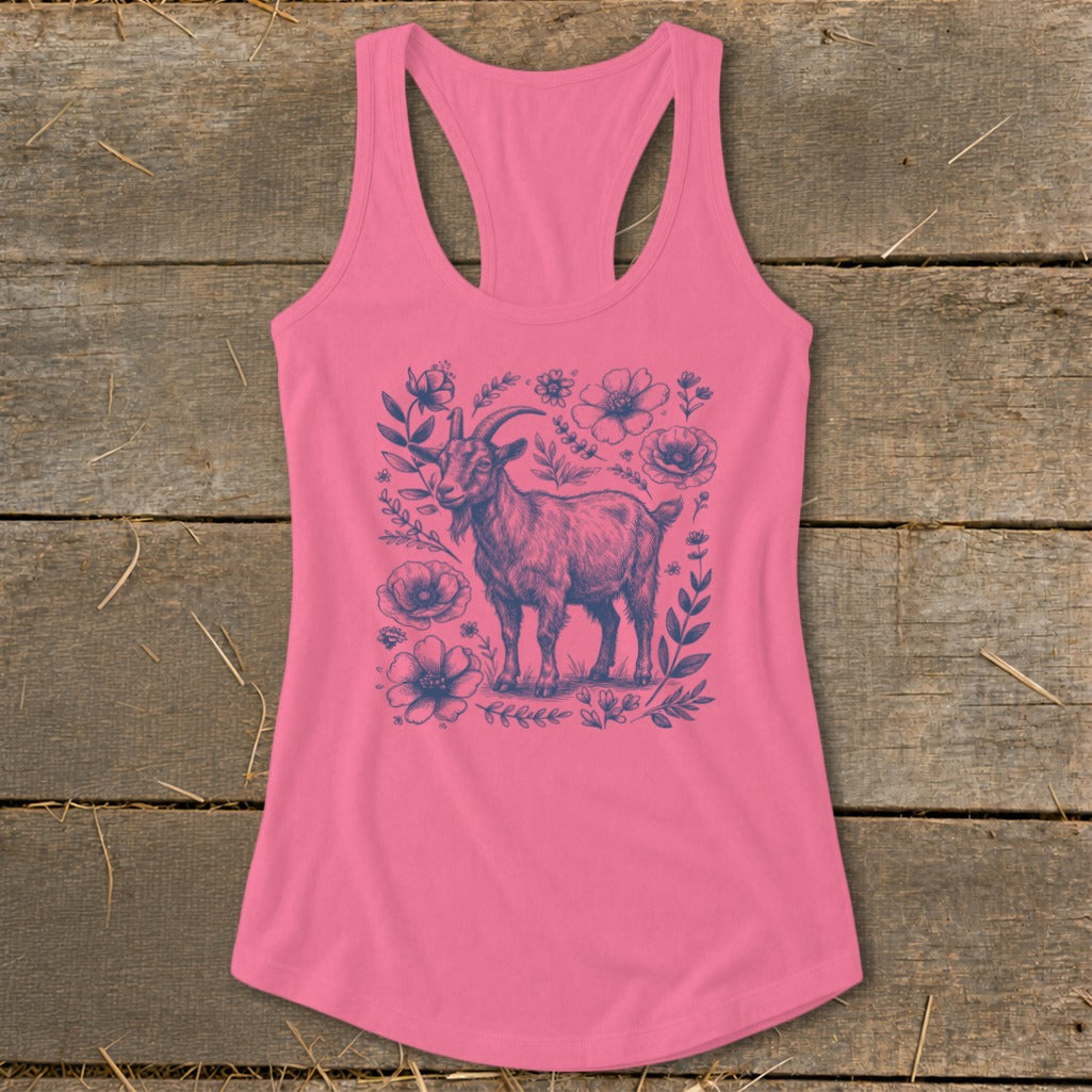 Pink racerback tank top with a navy blue sketch of a goat surrounded by flowers.