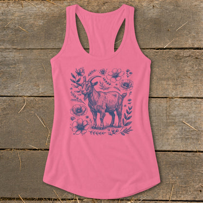 Pink racerback tank top with a navy blue sketch of a goat surrounded by flowers.