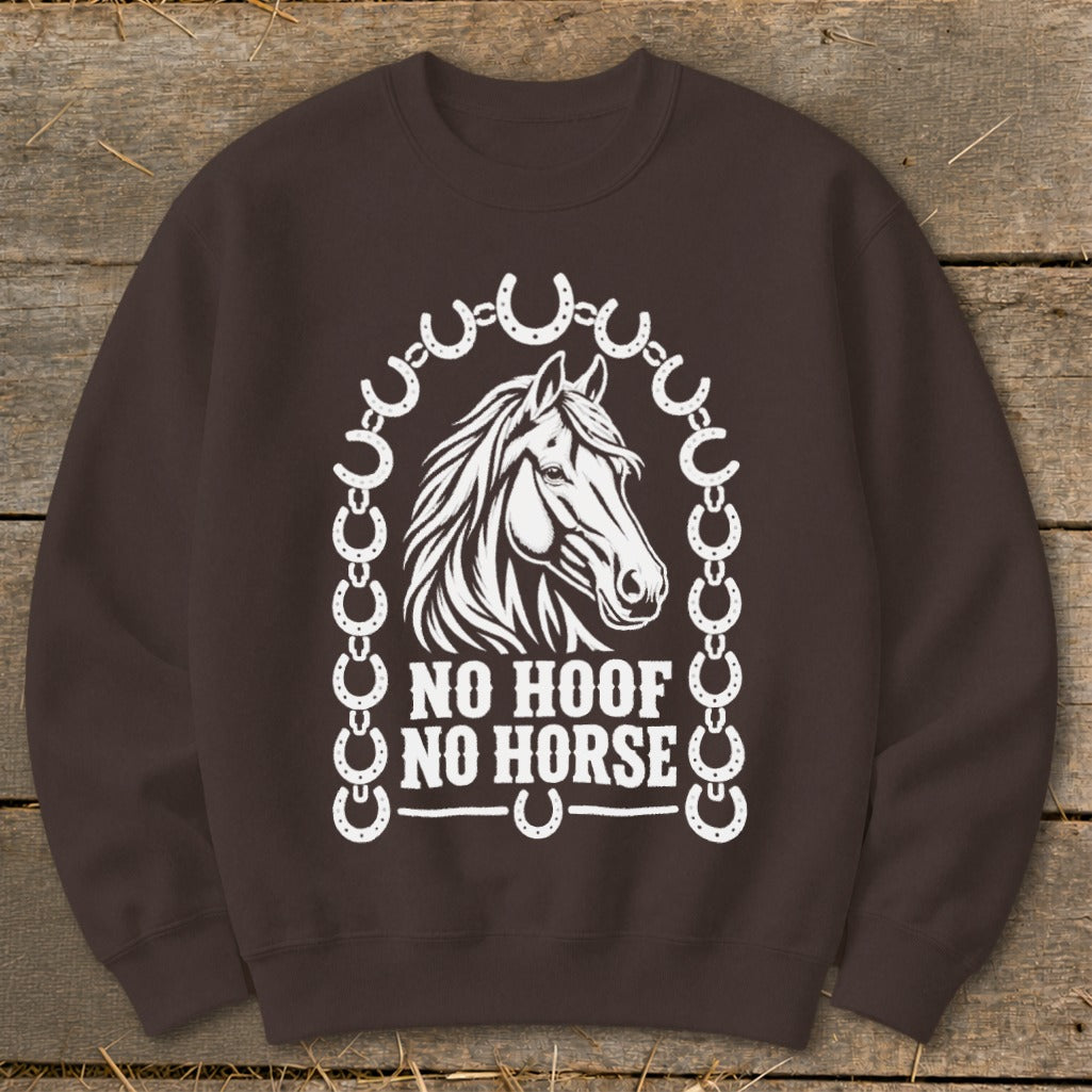 Brown sweatshirt with white horse head graphic and "No Hoof No Horse" text.