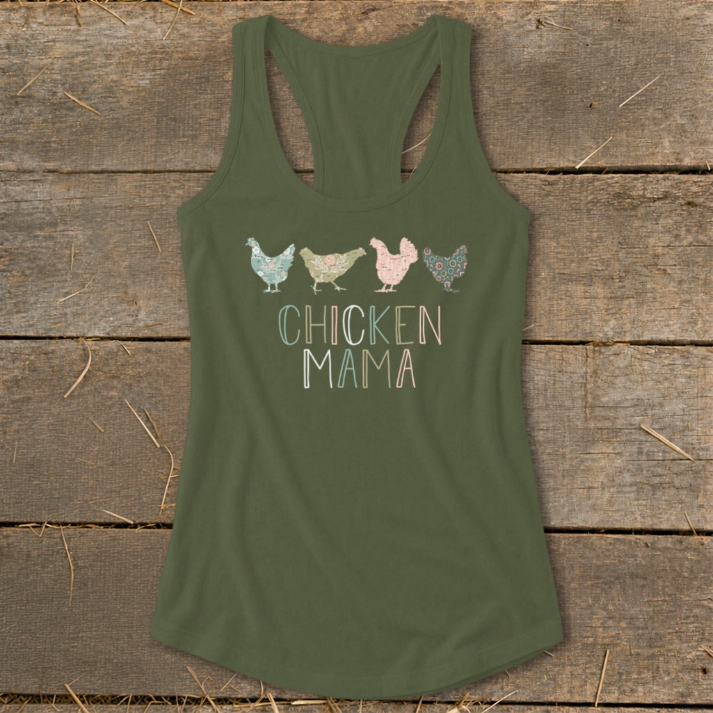 Olive green tank top with four floral chickens and "CHICKEN MAMA" text.